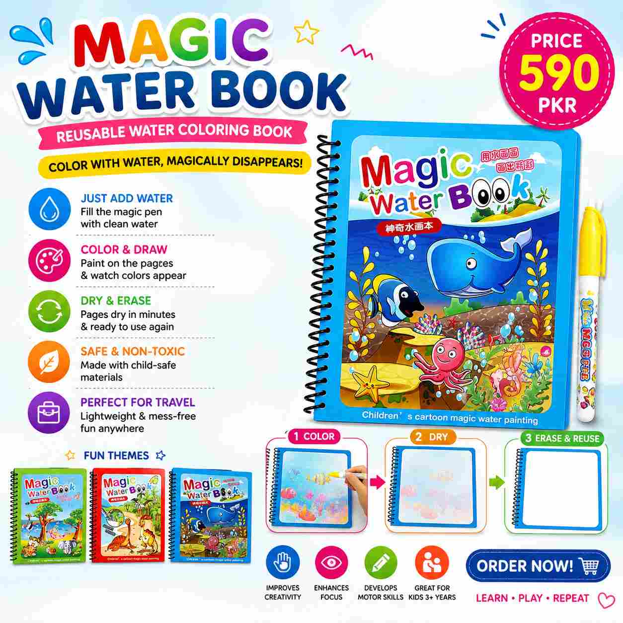 Magic Water Book for Kids – Reusable Water Coloring & Drawing Book with Magic Water Pen
