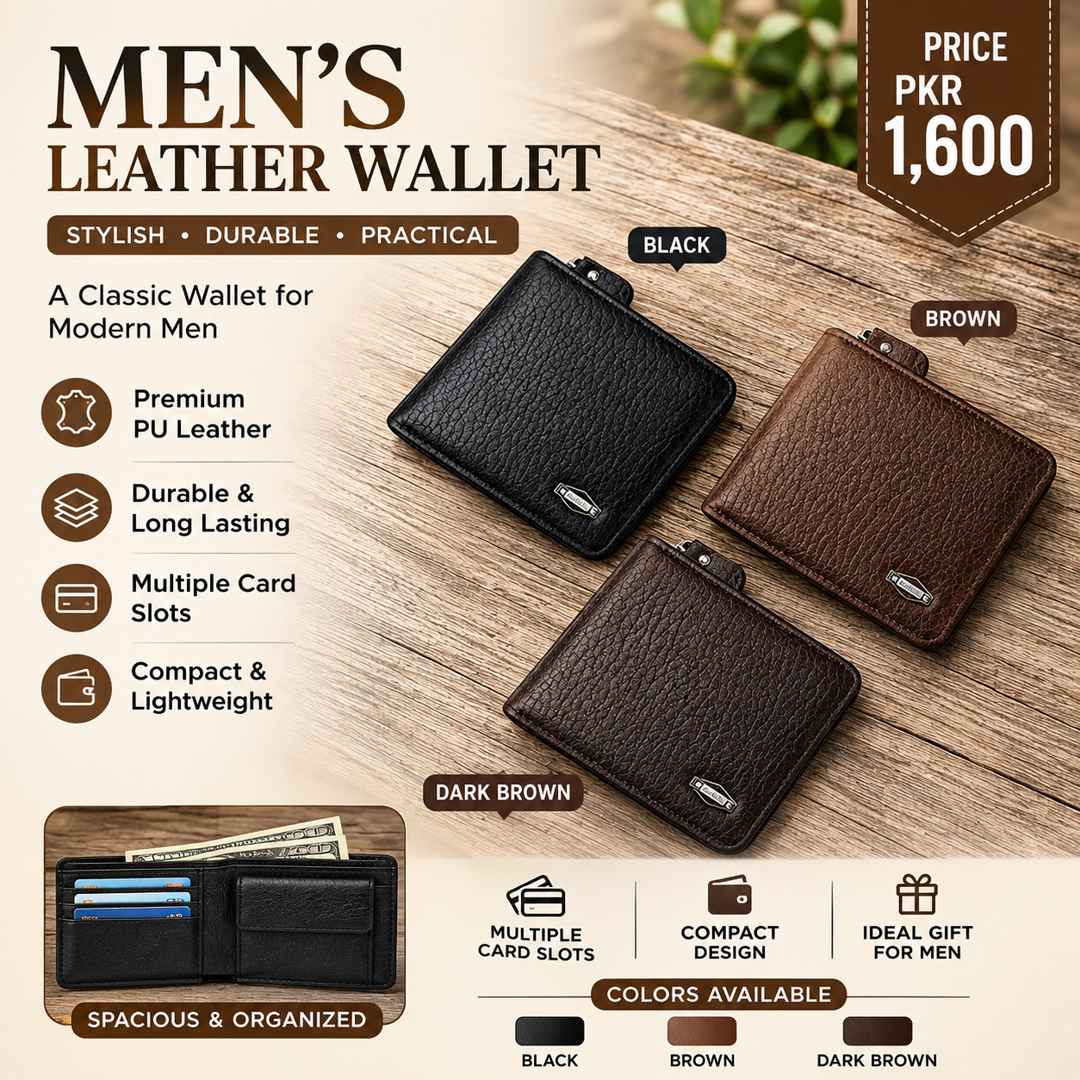Black Leather Wallet for Men with Zipper Closure – Premium Men's Zip Wallet in Black, Brown & Dark Brown for Daily Use in Pakistan