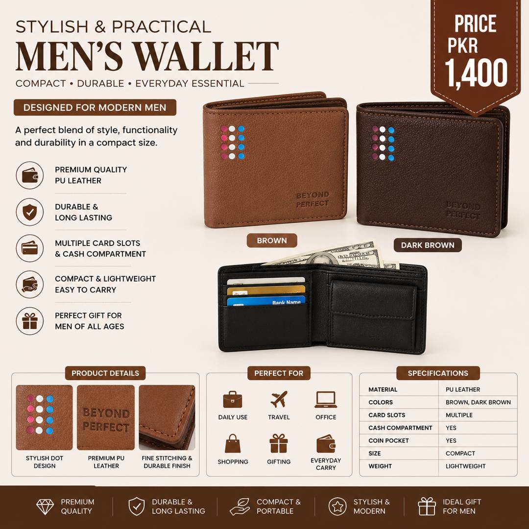 Men Leather Bi-Fold Wallet with Dot Pattern – Premium Brown & Dark Brown Bifold Wallet for Everyday Use in Pakistan