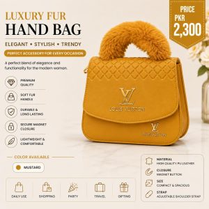 Luxury Faux Fur Handle Handbag for Women – Mustard Designer Handbag 9x11 for Party, Wedding, Casual & Daily Use in Pakistan
