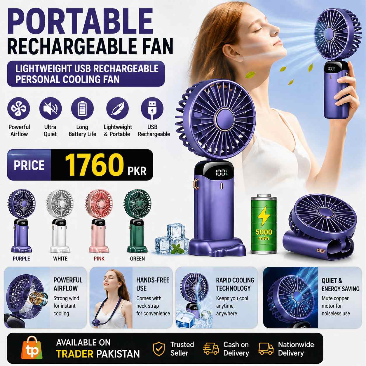Portable Rechargeable Fan – Lightweight USB Rechargeable Personal Cooling Fan