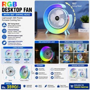 RGB Desktop Fan with 180° Swing Head – Lightweight ABS Plastic Portable Cooling Fan