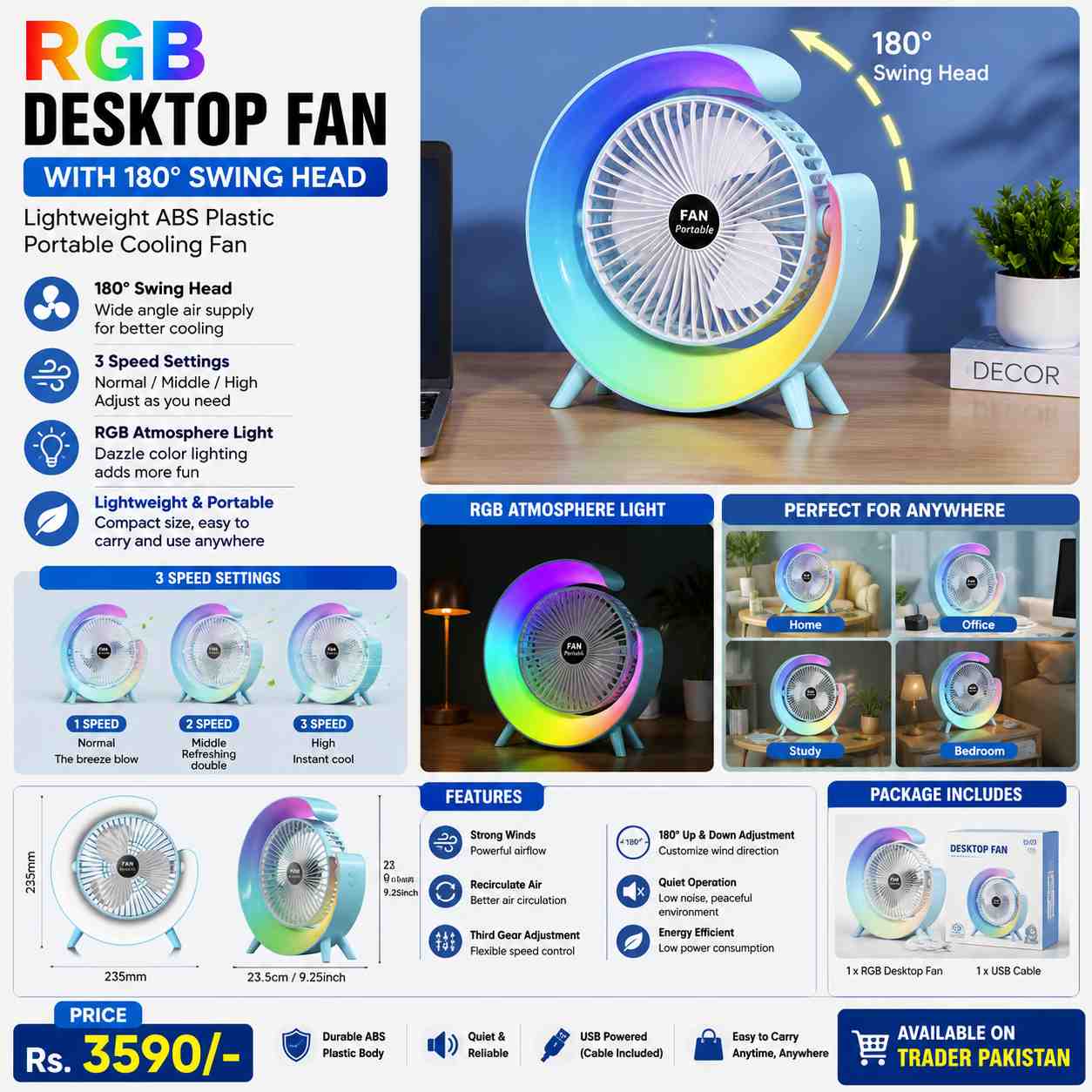 RGB Desktop Fan with 180° Swing Head – Lightweight ABS Plastic Portable Cooling Fan