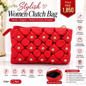 Red Smocking Handbag with Rhinestones for Women – Elegant Fashion Handbag for Party, Wedding, Evening & Casual Use in Pakistan