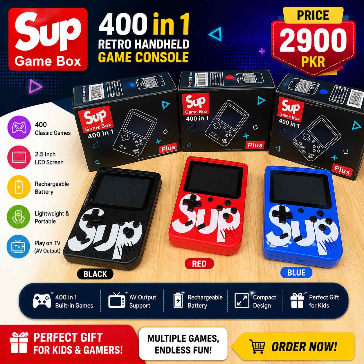 Portable Video Game Console for Kids with 400 Built-in Games | 3-Inch Screen | 6-Hour Rechargeable Battery | Handheld Gaming Console for Boys & Girls
