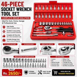 46-Piece Socket Wrench Tool Set Stainless Steel with Red Storage Case – Ratchet Repair Kit