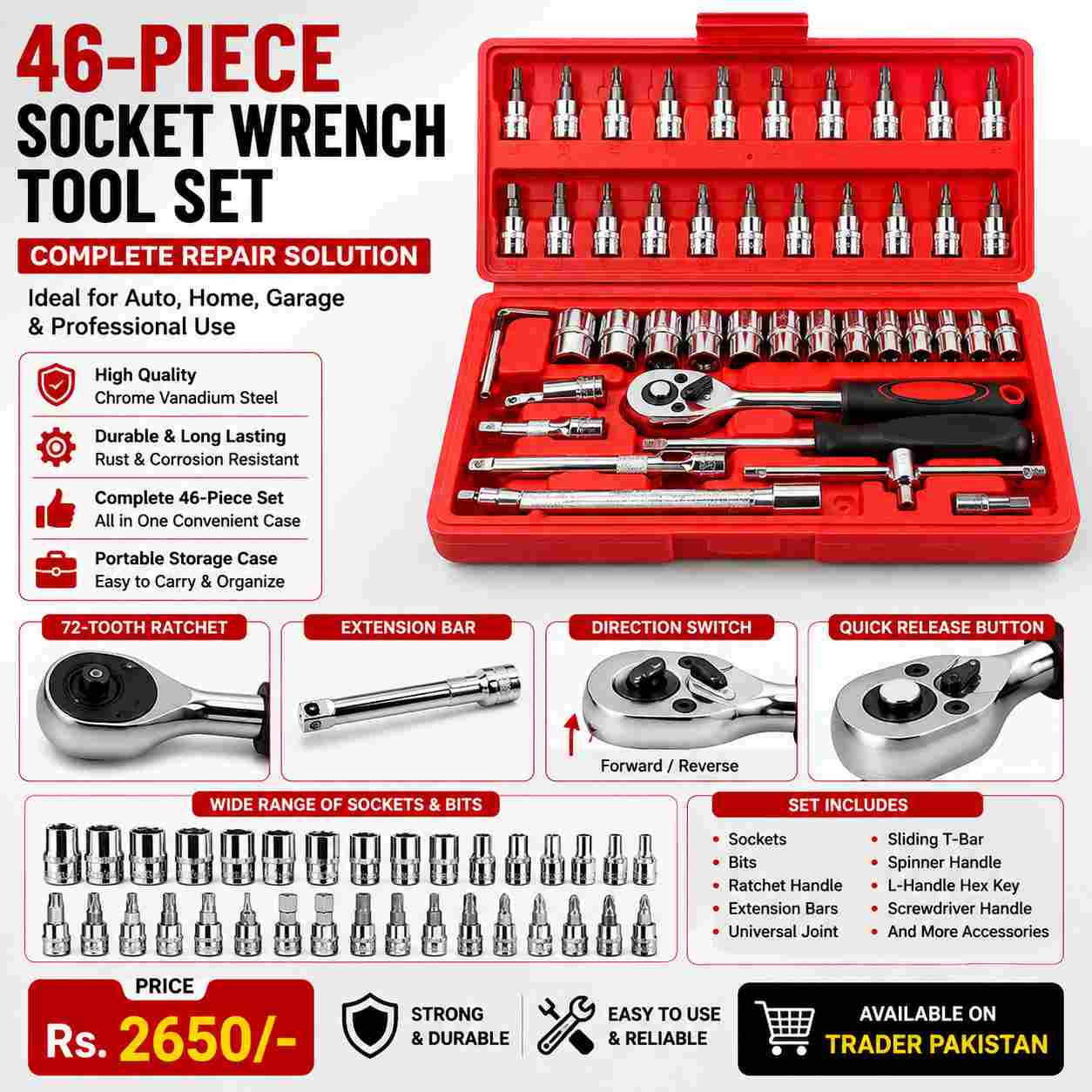 46-Piece Socket Wrench Tool Set Stainless Steel with Red Storage Case – Ratchet Repair Kit