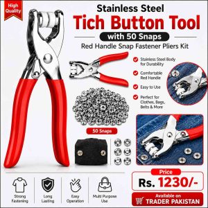 Stainless Steel Tich Button Tool with 50 Snaps – Red Handle Snap Fastener Pliers Kit