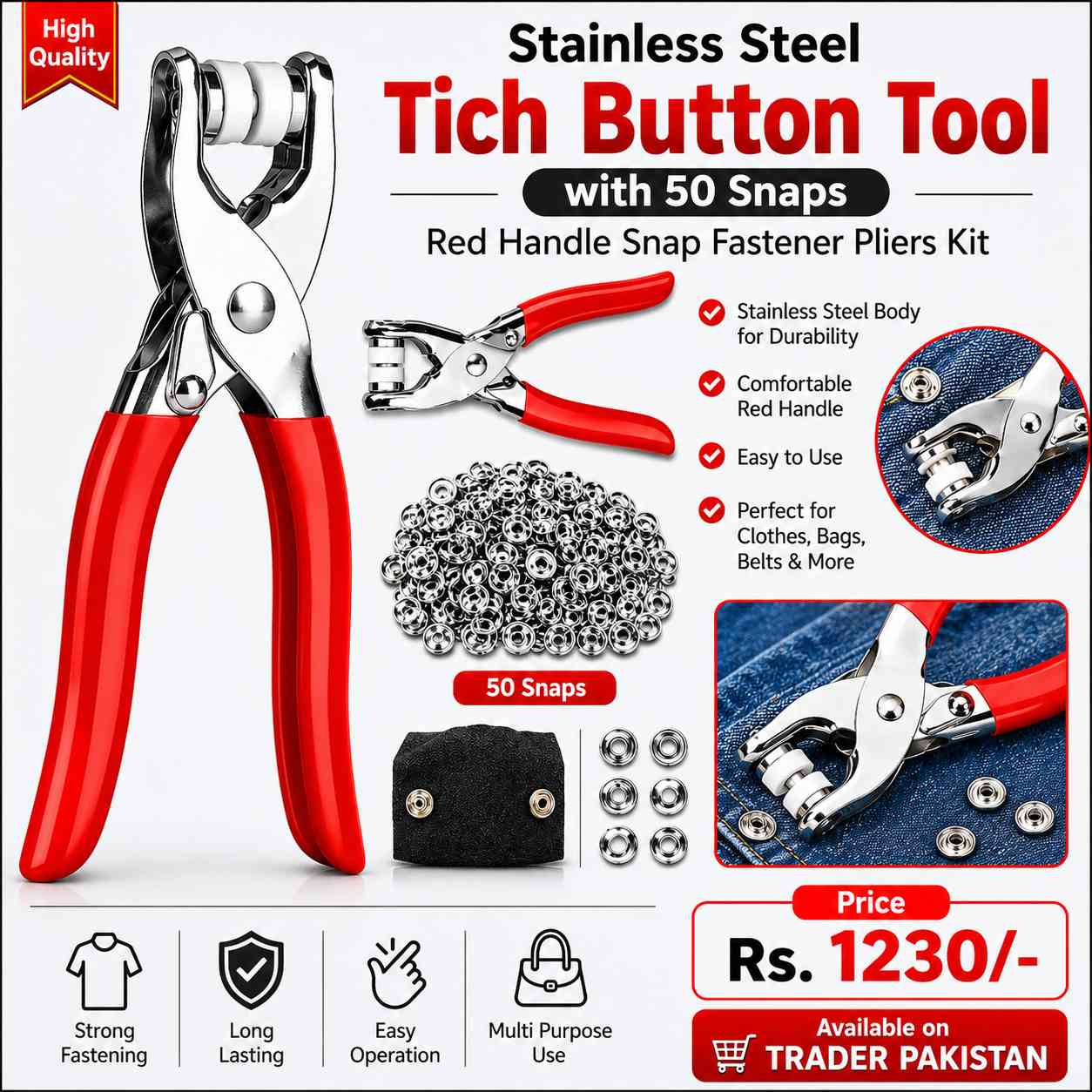 Stainless Steel Tich Button Tool with 50 Snaps – Red Handle Snap Fastener Pliers Kit