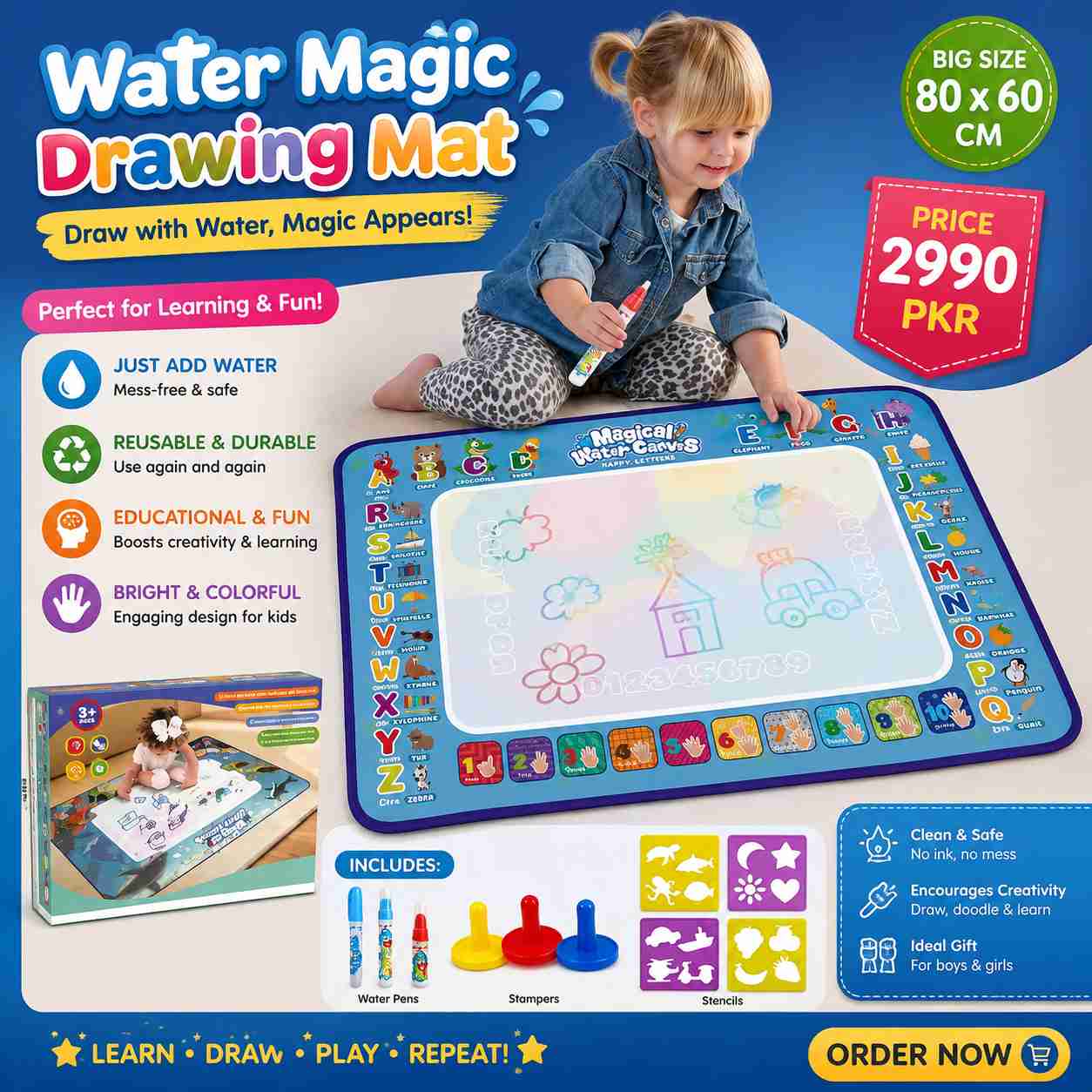 Water Magic Drawing Mat 80 × 60 cm – Reusable Mess-Free Educational Doodle & Painting Mat for Kids