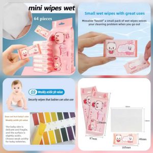 Mini Wet Wipes 8 Packets – 64 Pieces Portable Pocket-Sized Cleaning Wipes for Travel & Everyday Use