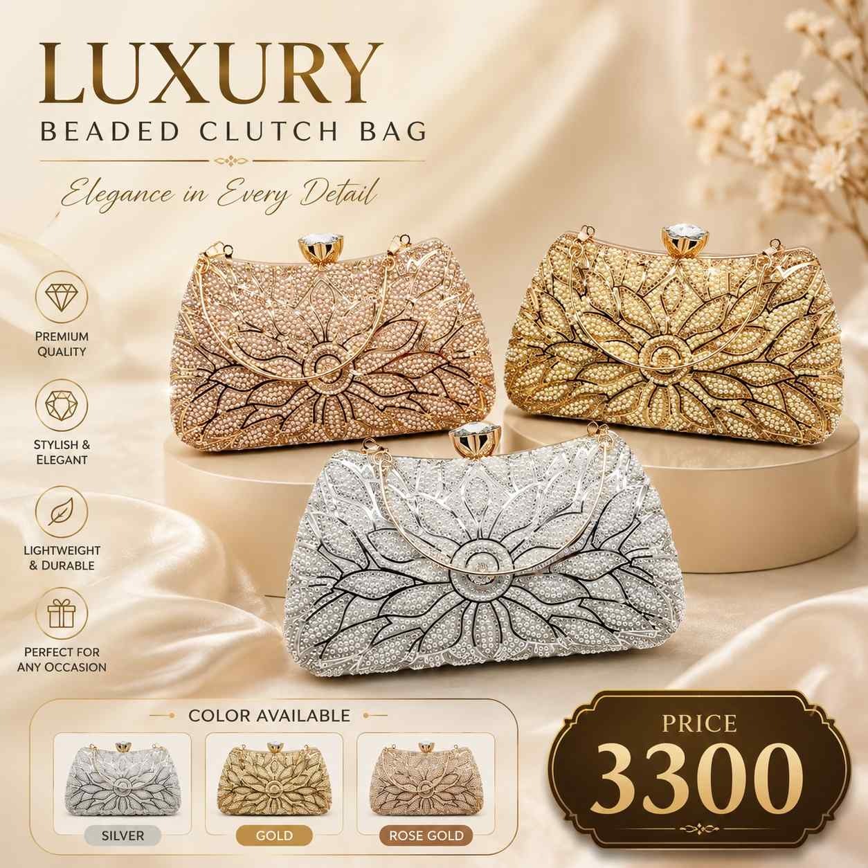 Elegant Gold Embroidered Clutch Bag for Women | Luxury Party & Wedding Hand Clutch