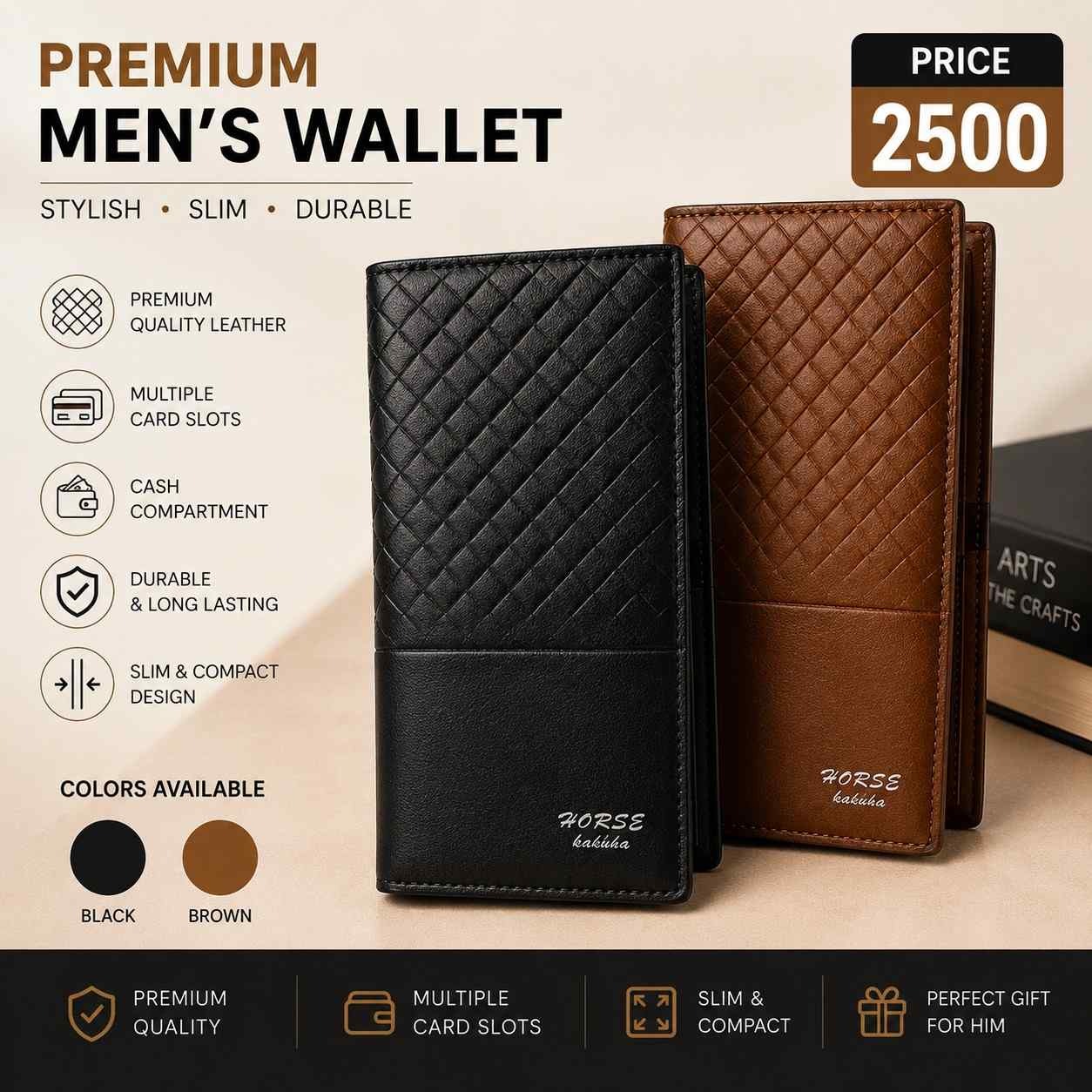Men's Quilted Leather Wallet with Logo – Premium Bi-Fold Wallet with Multiple Card Slots & Cash Pocket | Black & Brown