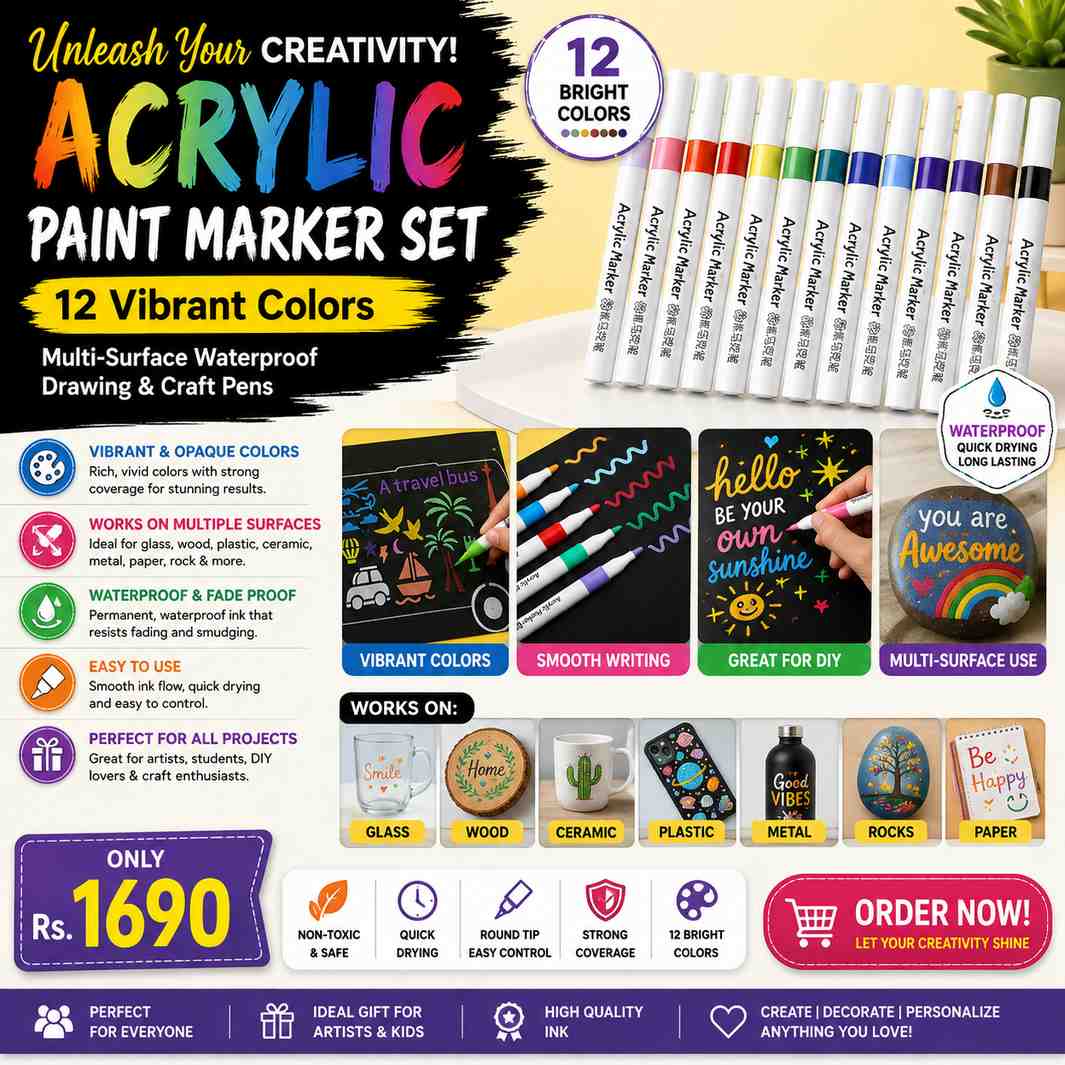 Acrylic Paint Marker Set 12 Colors – Multi-Surface Waterproof Drawing & Craft Pens