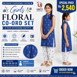 Girls Blue Floral Co-Ord Set with Separate Sleeves – Stylish 2 Pcs Stitched Outfit