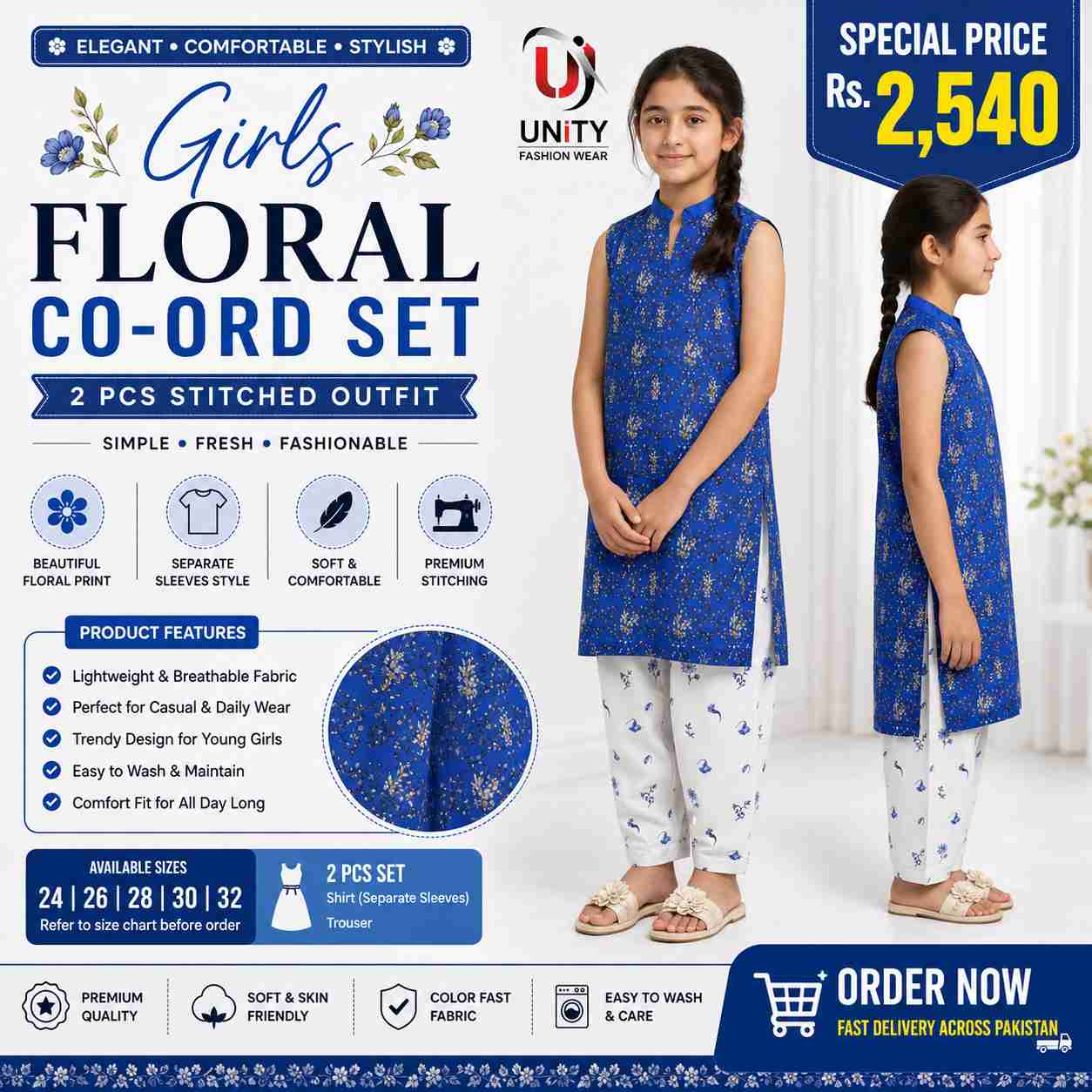 Girls Blue Floral Co-Ord Set with Separate Sleeves – Stylish 2 Pcs Stitched Outfit
