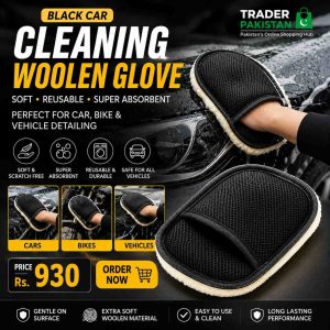 Black Car Cleaning Woolen Glove – Soft Reusable Wash Mitt for Car, Bike & Vehicle Detailing