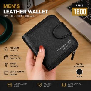 Men's Black Leather Wallet with Zipper Closure – Premium Bifold Wallet with Multiple Card Slots & Cash Pocket