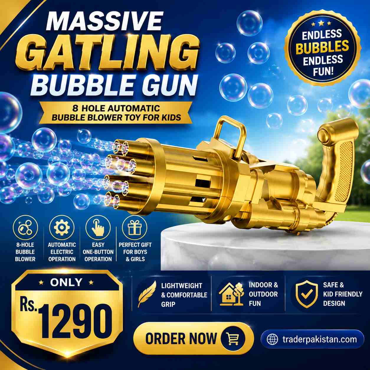 Massive Gatling Bubble Gun – 8 Hole Automatic Electric Bubble Blower Toy for Kids