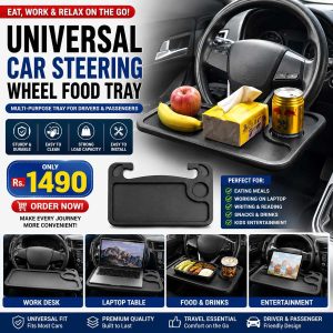 Universal Car Steering Wheel Food Tray – Multi-Purpose Dining, Laptop & Work Desk for Vehicle Driver & Passenger
