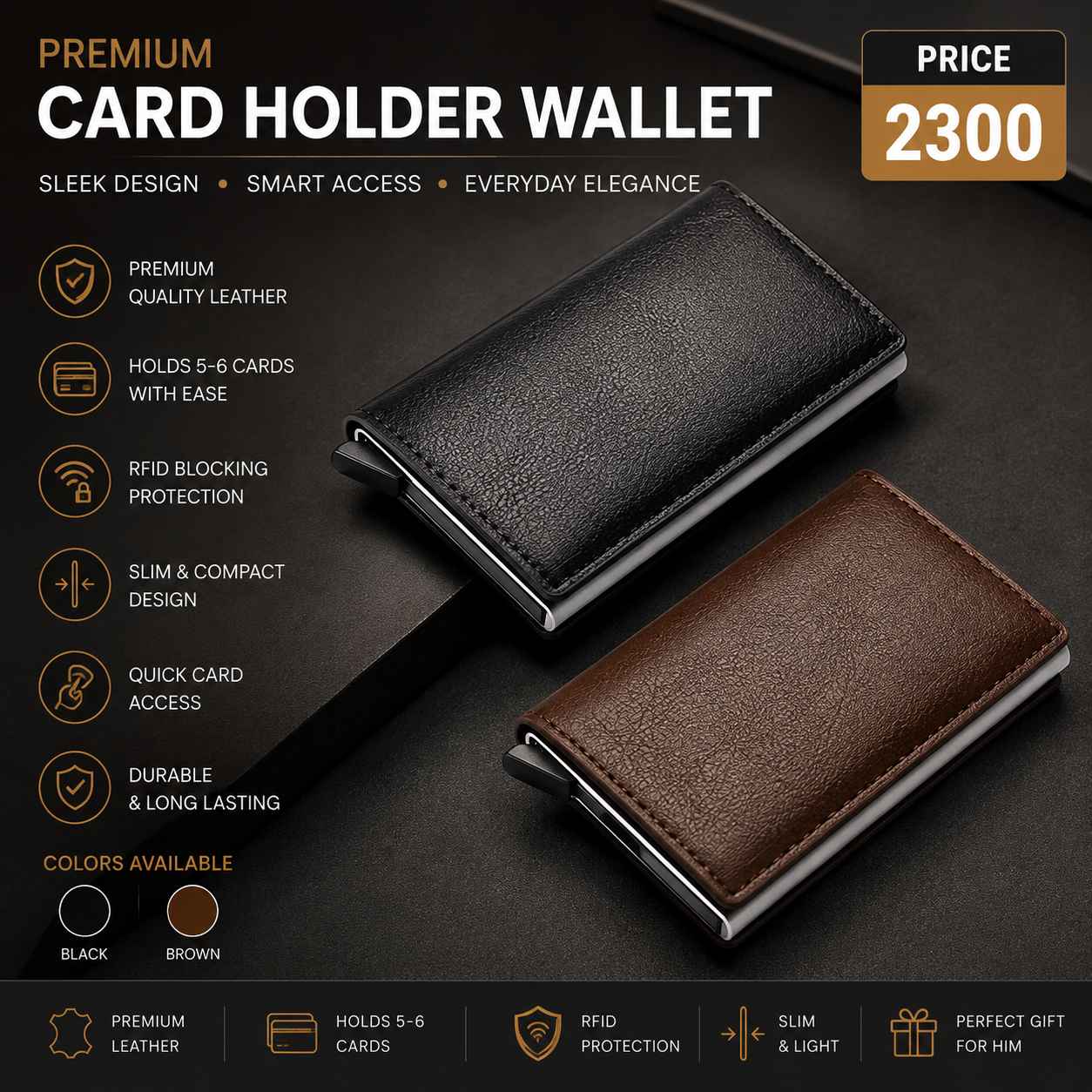 Men's Leather Bi-Fold Wallet with 6 Card Pockets – Premium Slim Leather Wallet with Cash Compartment | Black, Blue, Grey, Light Brown & Dark Brown