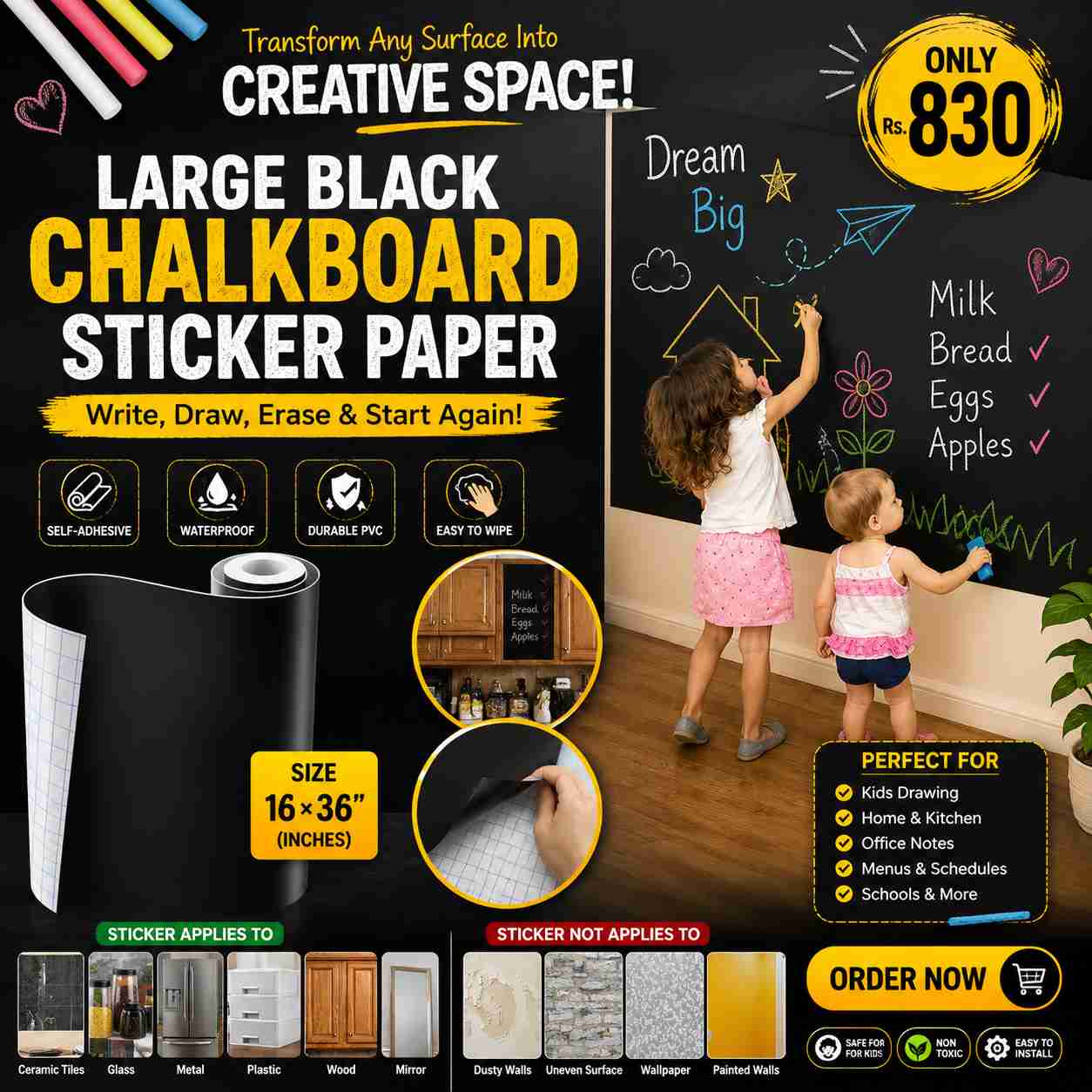 Large Black Chalkboard Sticker Paper – Self-Adhesive Waterproof PVC Blackboard Wall Roll (16 × 36 Inches)