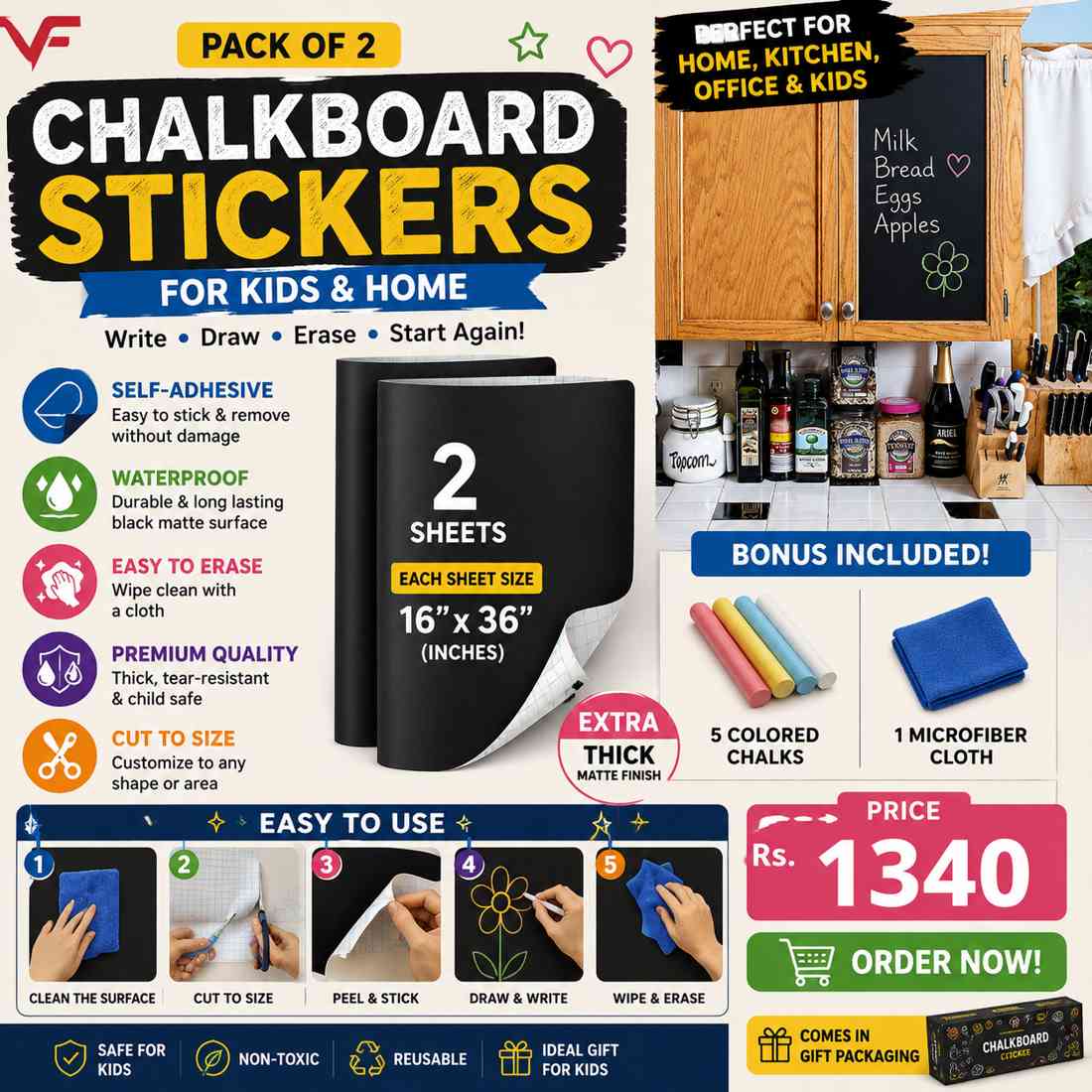 Pack of 2 Chalkboard Stickers for Kids – Self-Adhesive Black Matte Blackboard Wall Decals with Bonus Chalks & Microfiber Cloth