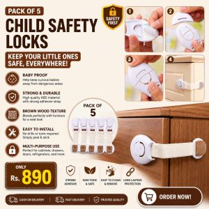 Pack of 5 Child Safety Locks – Brown Wood Texture Baby Proof Cabinet, Drawer, Door & Refrigerator Locks