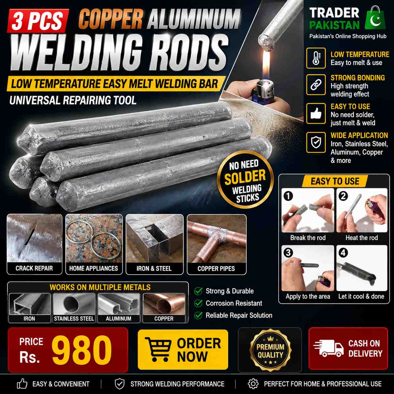 3Pcs Copper Aluminum Welding Rods – Low-Temperature Easy Melt Metal Repair Welding Bars