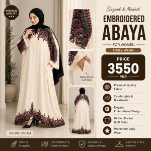 Georgette Printed Classic Abaya for Women | Cream Embroidered Floral Abaya with Pocket