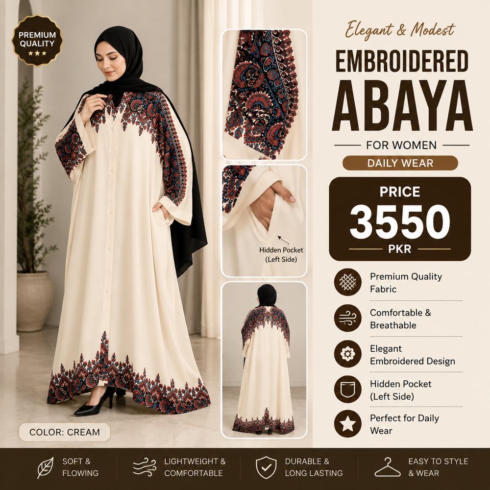 Georgette Printed Classic Abaya for Women | Cream Embroidered Floral Abaya with Pocket