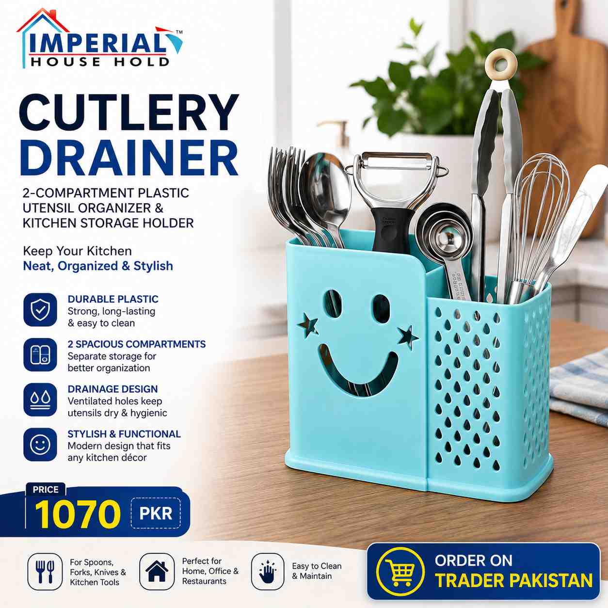 Imperial Household Cutlery Drainer โ 2-Compartment Plastic Utensil Organizer & Kitchen Storage Holder