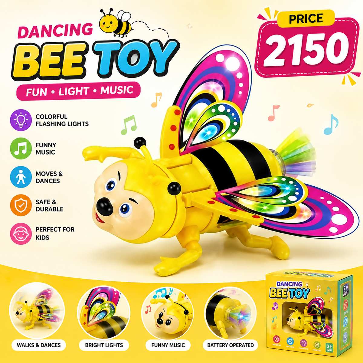 Battery Operated Crawling Bee Toy for Kids 1-5 Years | Yellow Interactive Moving Bee Toy