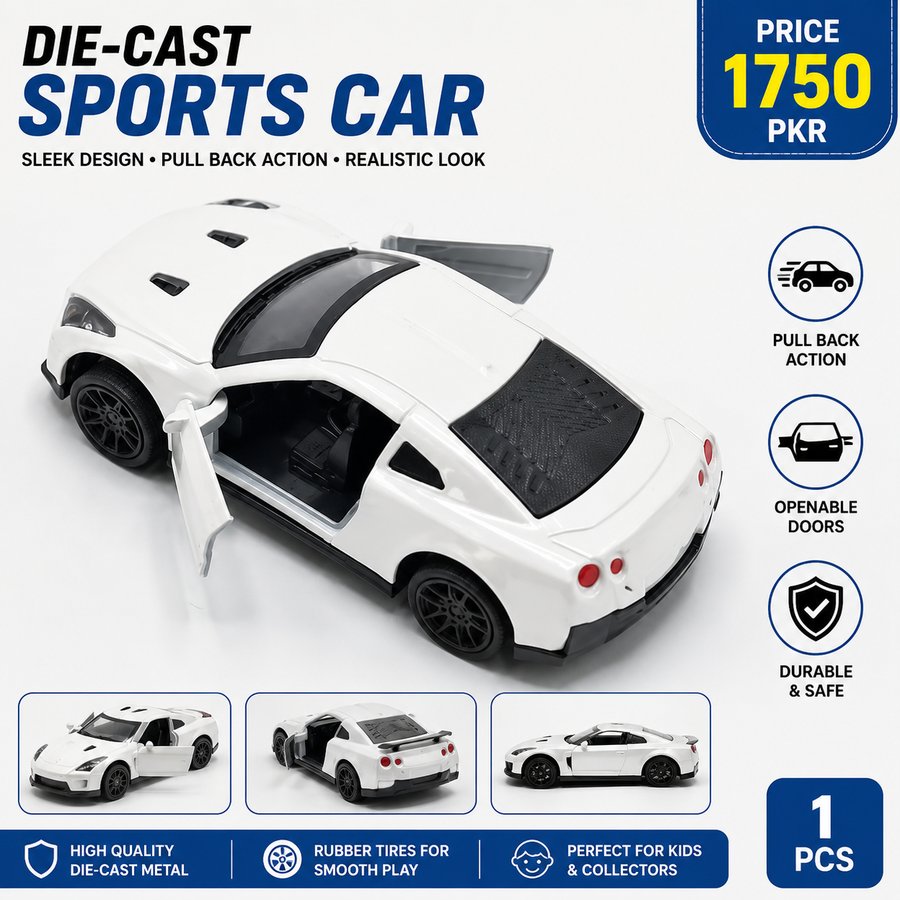 Diecast Sports Car Toy White 1-12 Years | Metal Toy Car with Openable Doors for Kids