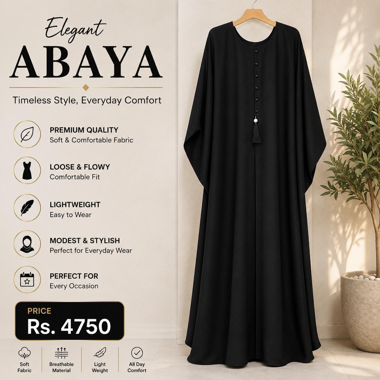 Black Georgette Maxi Abaya with Pearl Tassel | Elegant Full-Length Abaya for Women