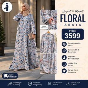 Georgette Printed Classic Abaya for Women | Floral Printed Long Abaya with Hidden Side Pocket