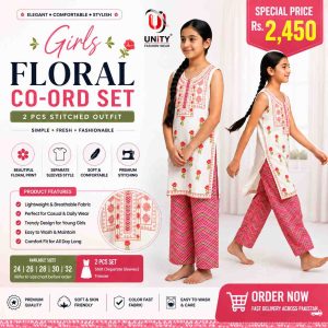 Girls White Floral Co-Ord Set with Separate Sleeves – Stylish 2 Pcs Stitched Outfit
