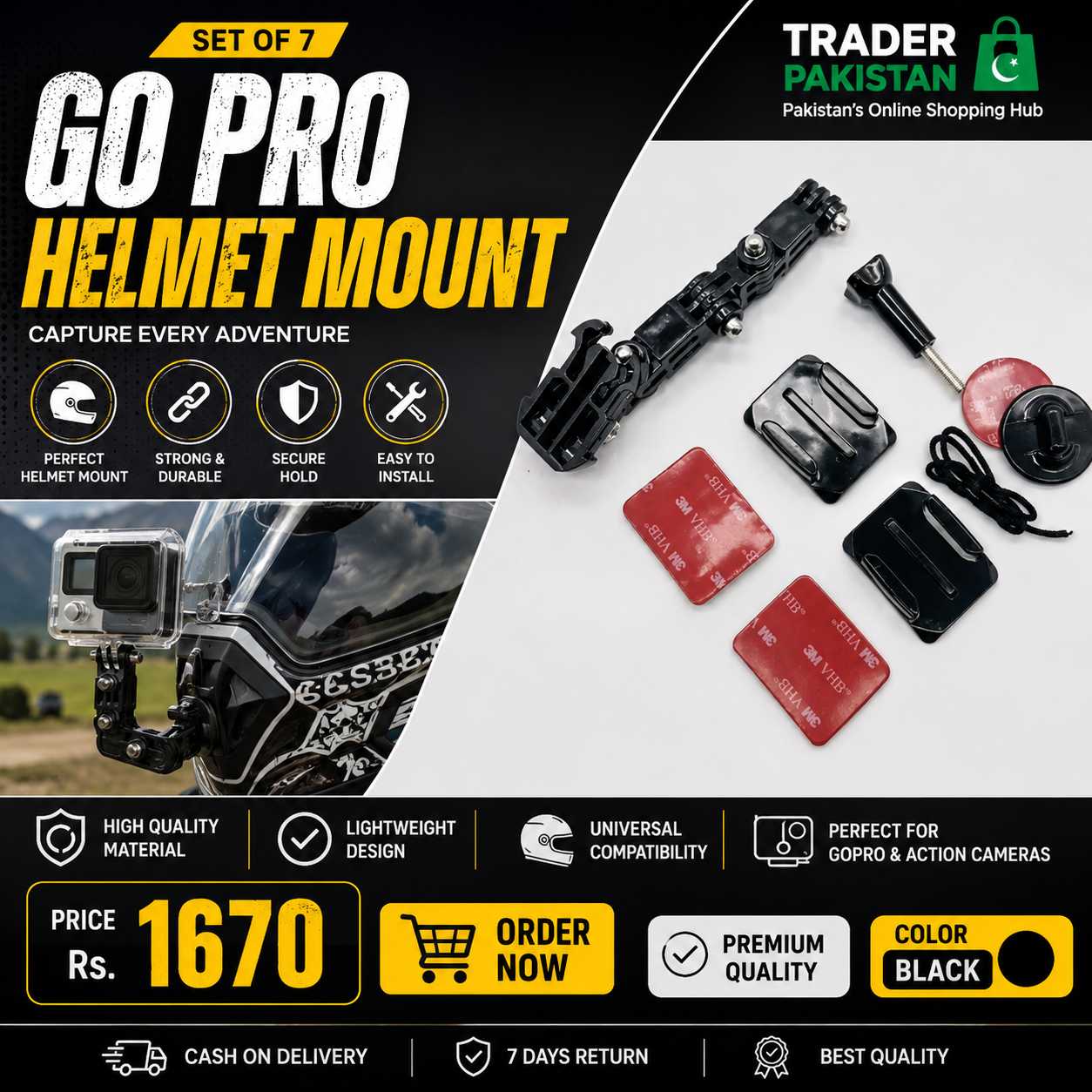 GoPro Helmet Mount â Black Adjustable Action Camera Holder for Motorcycle, Cycling & Outdoor Sports