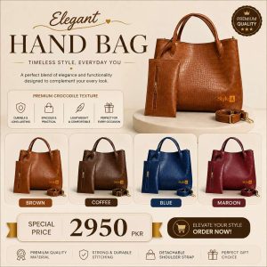 Leather Handbag Set for Girls – Crocodile Embossed Ladies Tote Bag with Pouch & Shoulder Strap for School, Office & Party in Pakistan