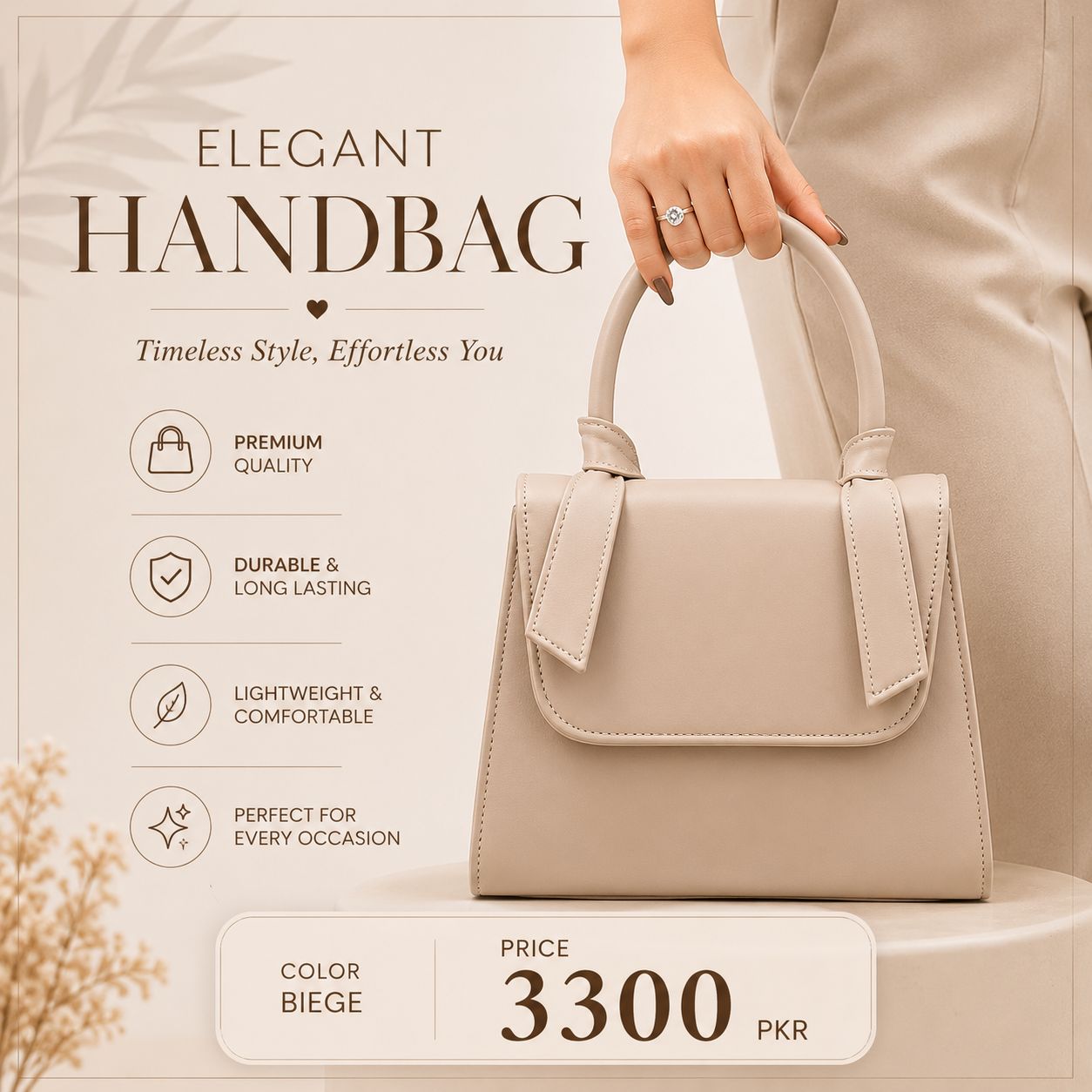 Women's Leather Plain Hand Bag Beige – Elegant Ladies Handbag for Daily Use in Pakistan