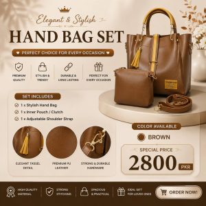Premium PU Leather Handbag Set Brown Gold Hardware – Elegant Women's Designer Handbag Set for Office & Daily Use in Pakistan