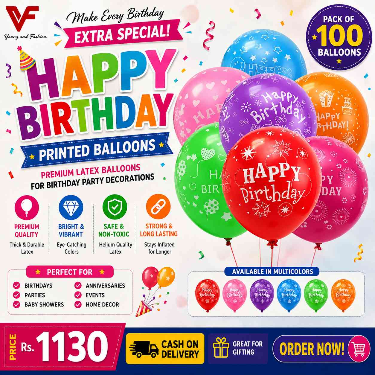 Pack of 100 Happy Birthday Printed Balloons – Premium Latex Birthday Party Decoration Balloons