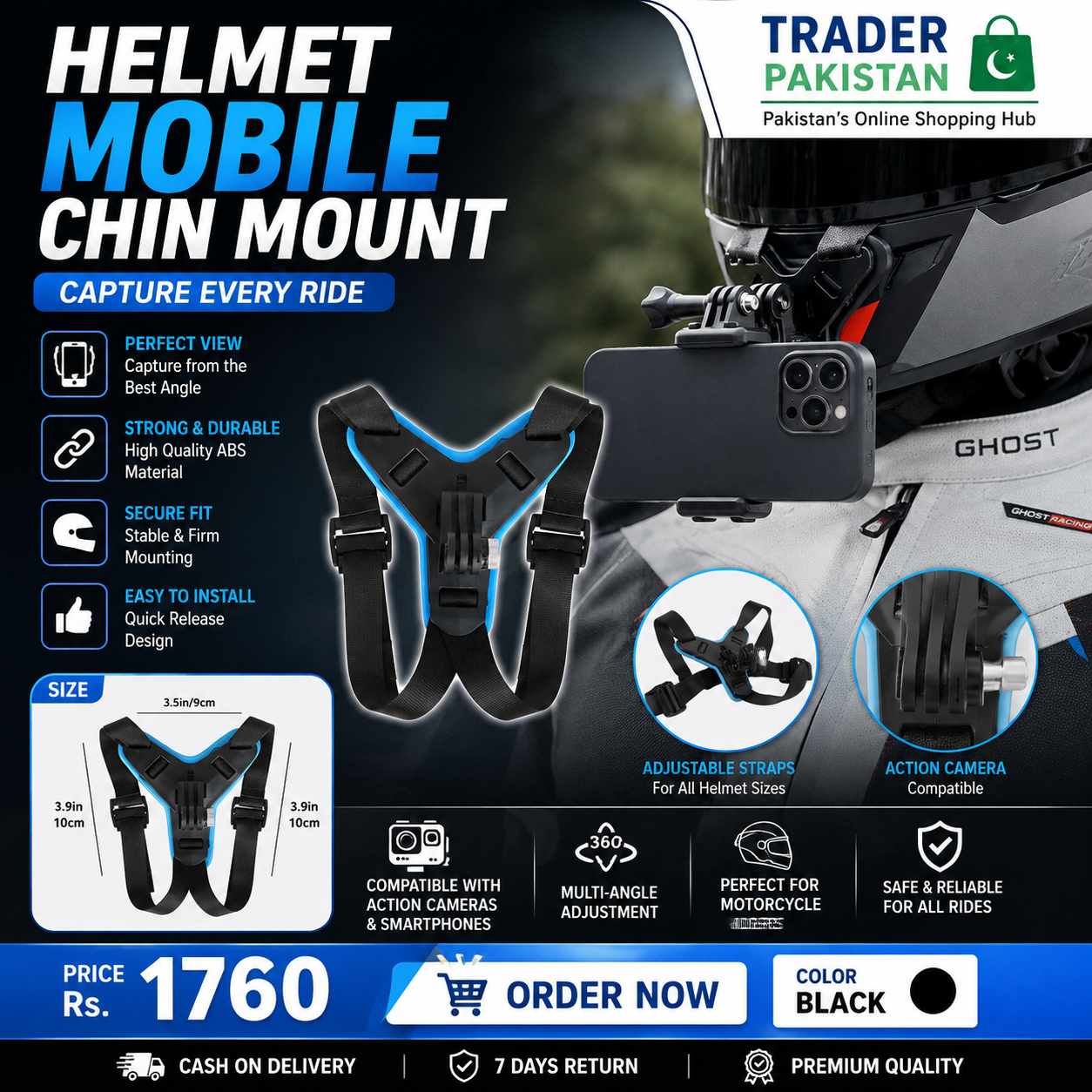 Helmet Mobile Chin Mount β Blue Standard Motorcycle Helmet Phone Holder for Riders