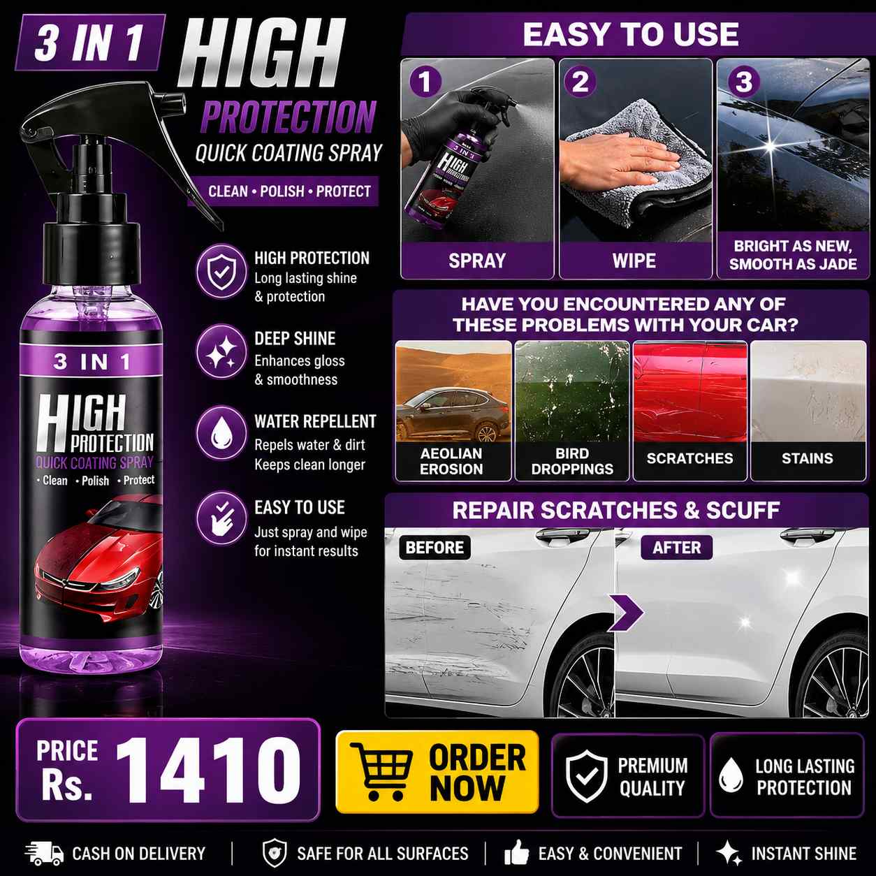 3-in-1 Car Coating Spray 100ml – Clean, Polish & Restore Faded Plastic, Fiber & Dashboard