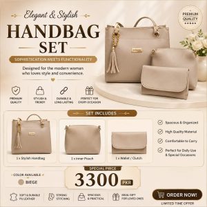 Beige PU Leather Handbag with Tassel & Wallet – Elegant Women's Designer Tote Bag for Office & Daily Use in Pakistan