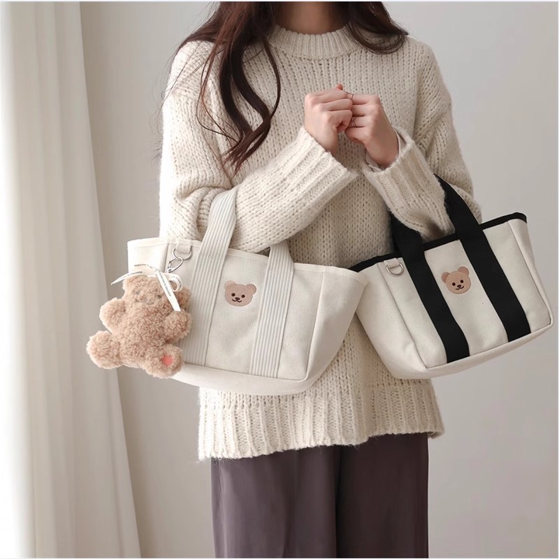 Canvas Crossbody Tote Bag for Moms in Pakistan – Stylish Everyday Shoulder Bag for Women | Black & White - Image 3