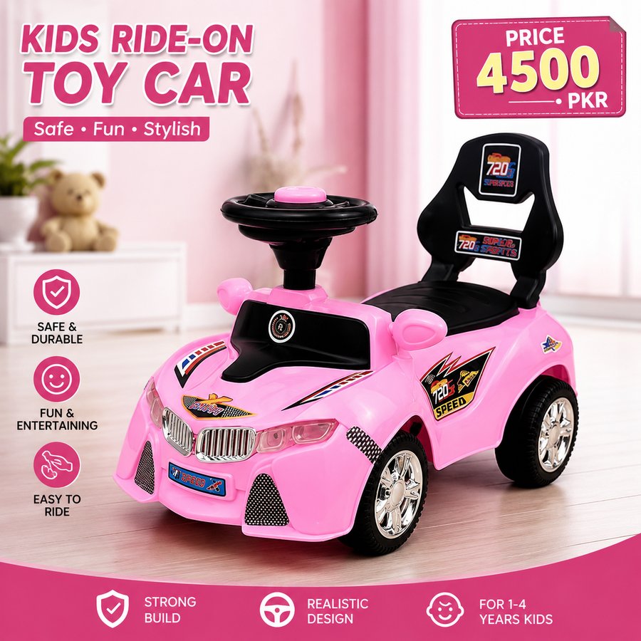 Pink ABS Plastic Kids Car with Royal Themed Design | Kids Ride-On Toy Car