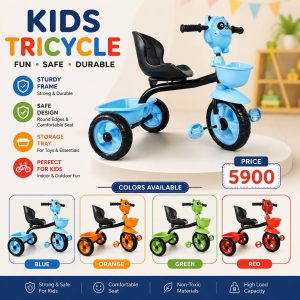 Plastic Tricycle for Kids 1-5 Years – Durable Baby Tri-Cycle Ride-On Toy in Blue, Orange, Green & Red