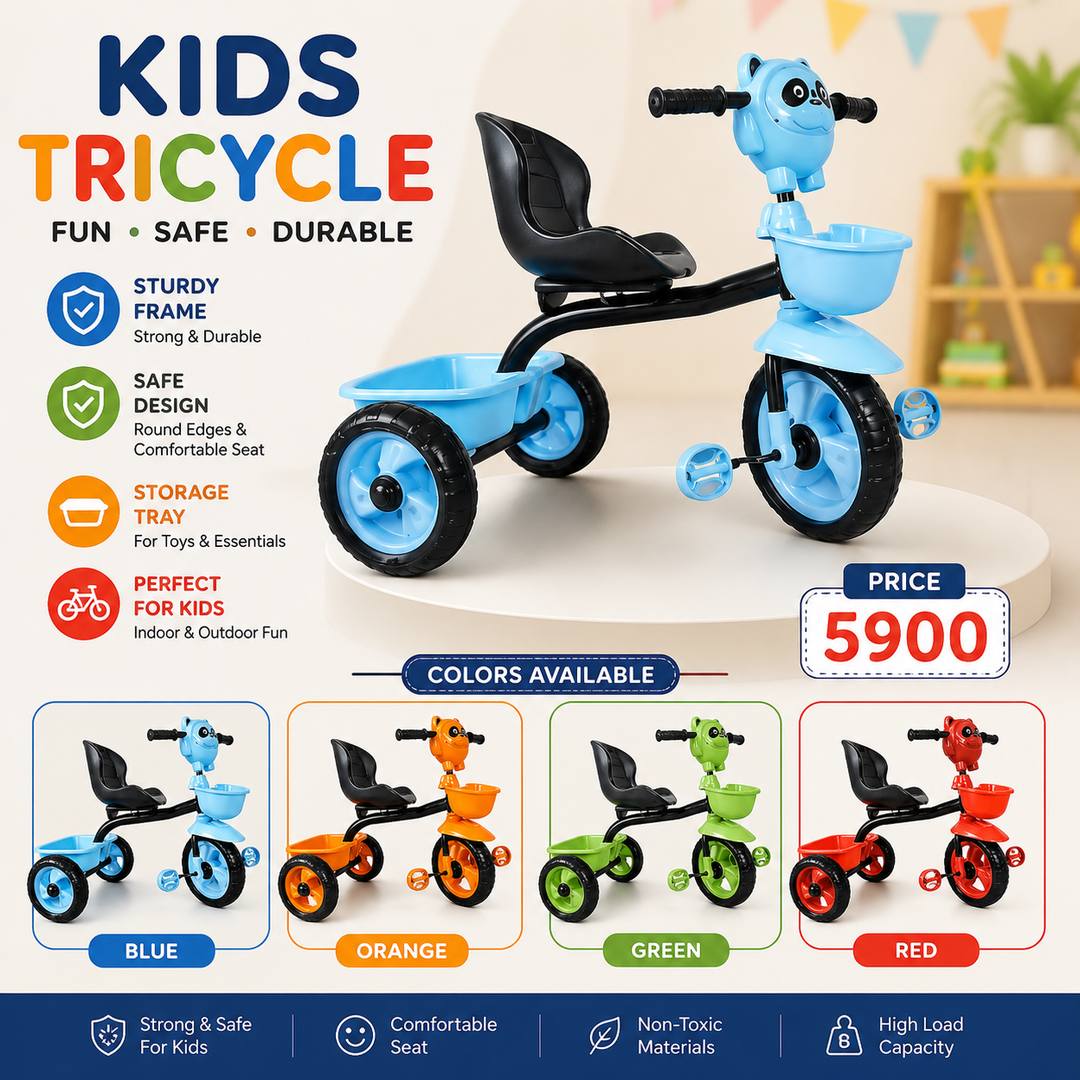 Plastic Tricycle for Kids 1-5 Years – Durable Baby Tri-Cycle Ride-On Toy in Blue, Orange, Green & Red