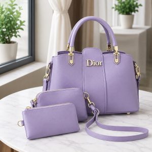 Dior Inspired Purple Leather Handbag Set for Women | Premium Luxury Tote Bag with Wallet & Pouch
